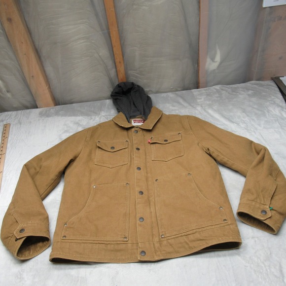 Levis Jacket Men Medium Brown Hooded Canvas Trucker Quilted Lined Work Warm Coat